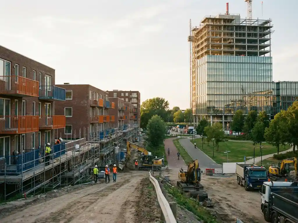 Bouwplaats met bakstenen appartementen en glazen kantoorcomplex in Nederlandse wijk met fietspad en groen