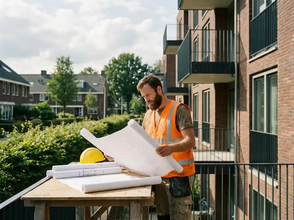 Bouwvakker in oranje veiligheidsvest bestudeert blauwdrukken naast moderne bakstenen appartementencomplex met groene beplanting