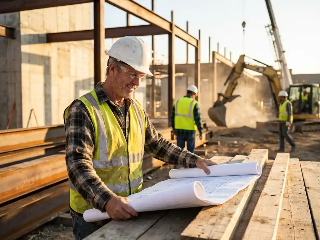 Bouwvakker in veiligheidsvestje en helm bestudeert bouwplannen op moderne bouwplaats met staalconstructies