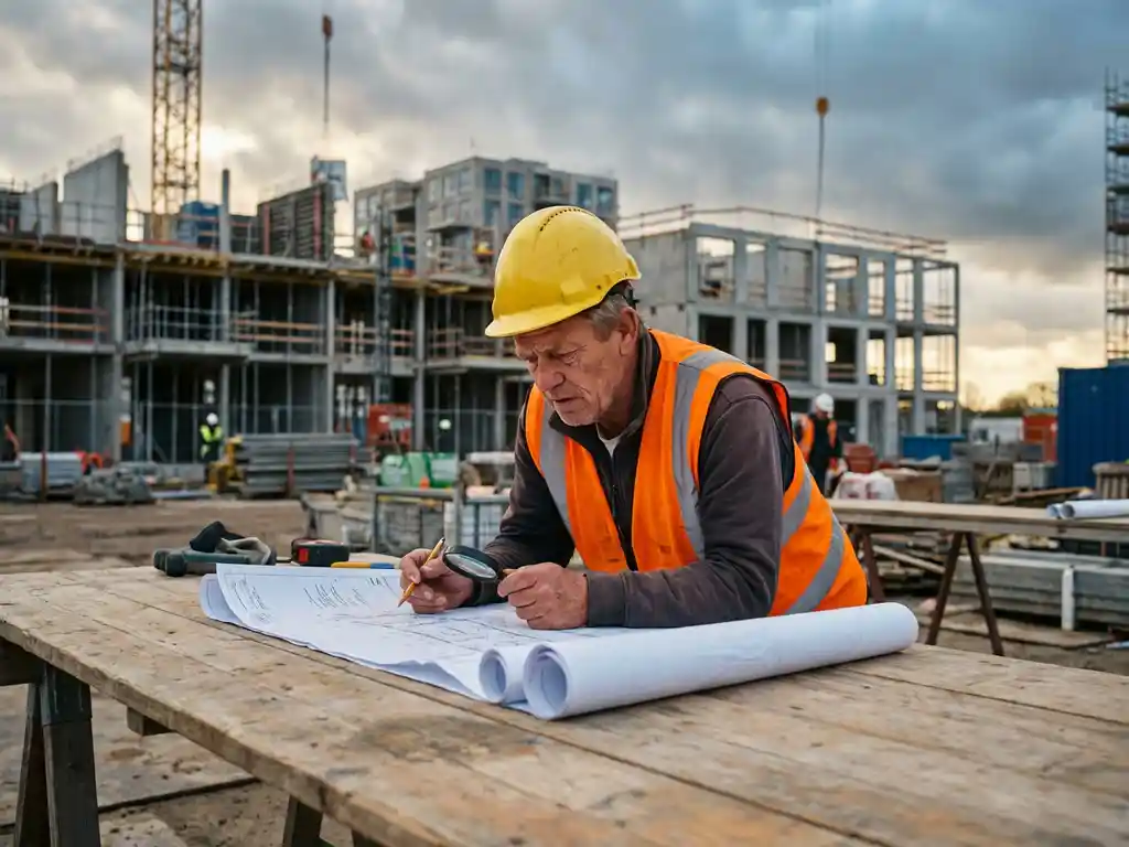 Bouwvakker in gele helm en oranje veiligheidsvest bestudeert bouwplannen op houten tafel, moderne appartementen op achtergrond