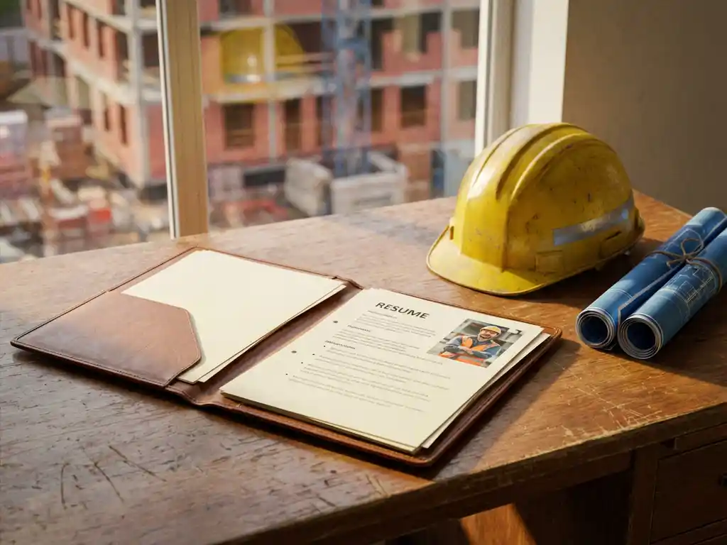 Open cv-map van bouwvakker op houten bureau naast gele veiligheidshelm en opgerolde blauwdrukken, bakstenen bouwplaats zichtbaar door raam