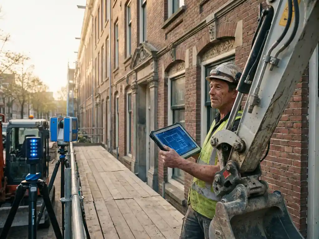 Bouwvakker bekijkt digitale bouwplannen op tablet naast bakstenen appartementengebouw met moderne bouwapparatuur
