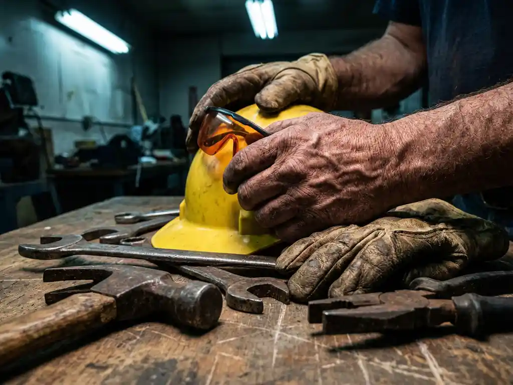Verweerde handen van bouwvakker grijpen veiligheidsuitrusting op houten werkbank met industriële gereedschappen