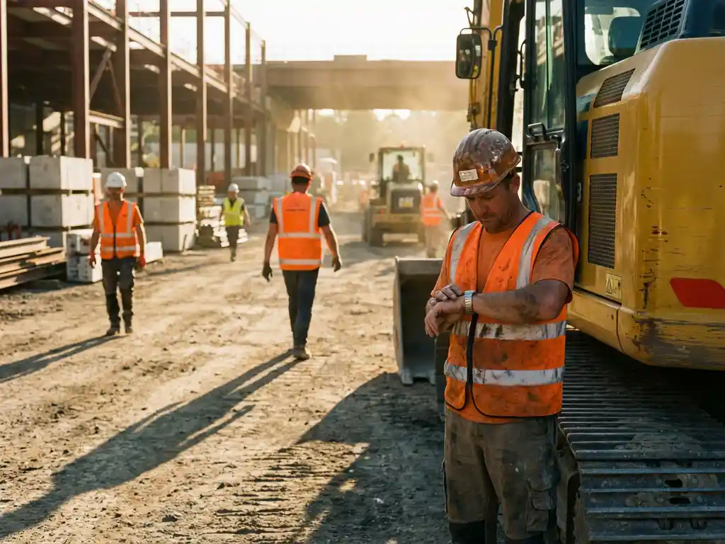 Bouwvakker controleert zijn horloge naast gele graafmachine op drukke bouwplaats met collega's in veiligheidsvesten