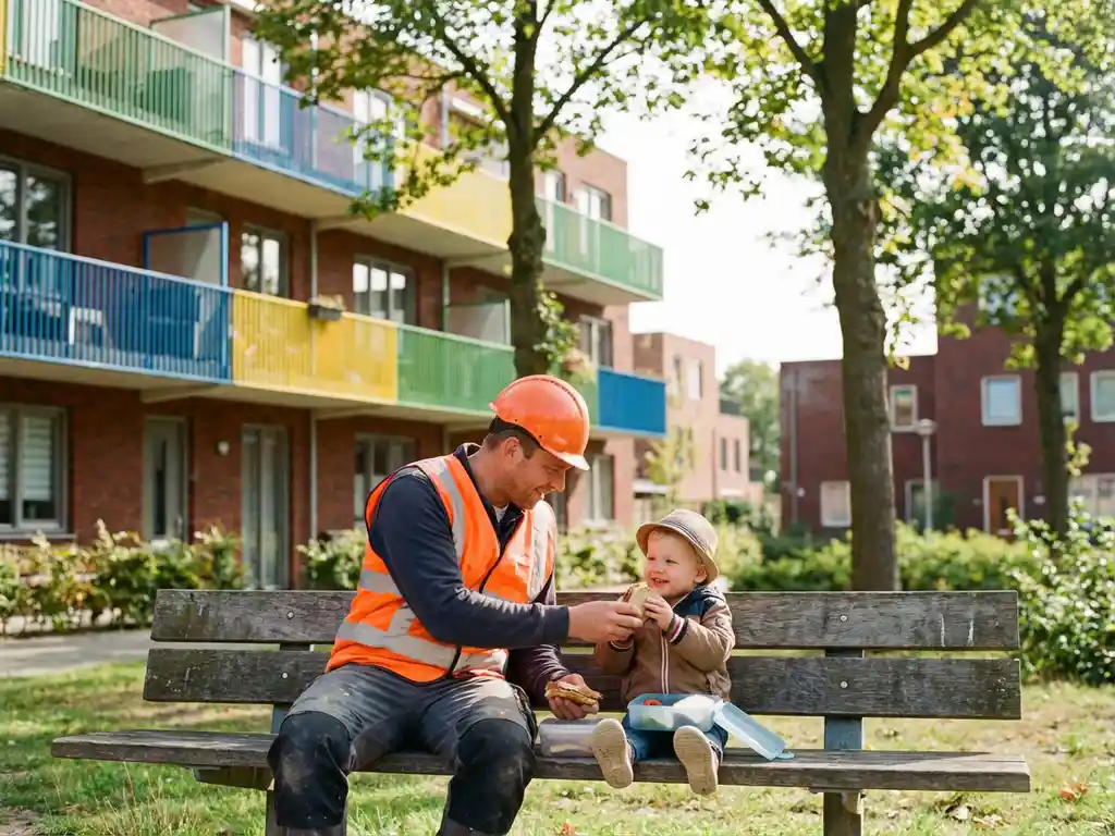 Bouwvakker in veiligheidskleding luncht met zijn jonge kind op houten bank voor modern Nederlands appartementencomplex