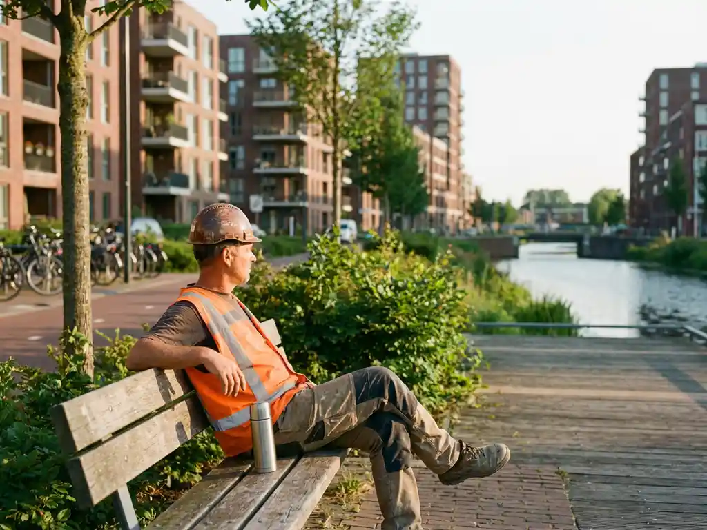Bouwvakker in oranje veiligheidsvest rust op houten bank tijdens lunchpauze op Nederlandse bouwplaats