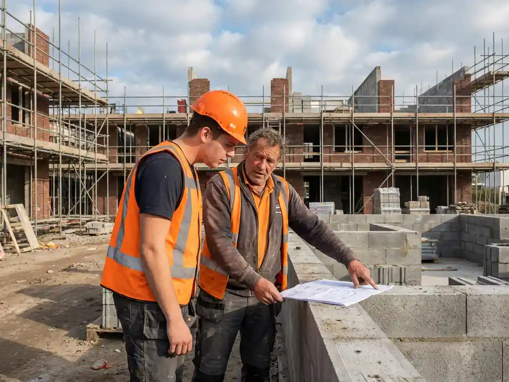 Jonge bouwvakker in oranje veiligheidsvest luistert naar ervaren voorman die funderingswerk uitlegt op bouwplaats met steiger