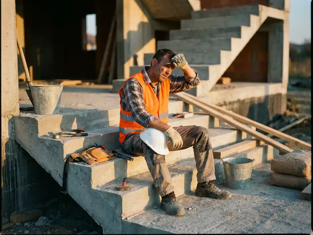 Uitgeputte bouwvakker in oranje hesje rust op betonnen trap van bouwplaats, helm en gereedschap verspreid rondom