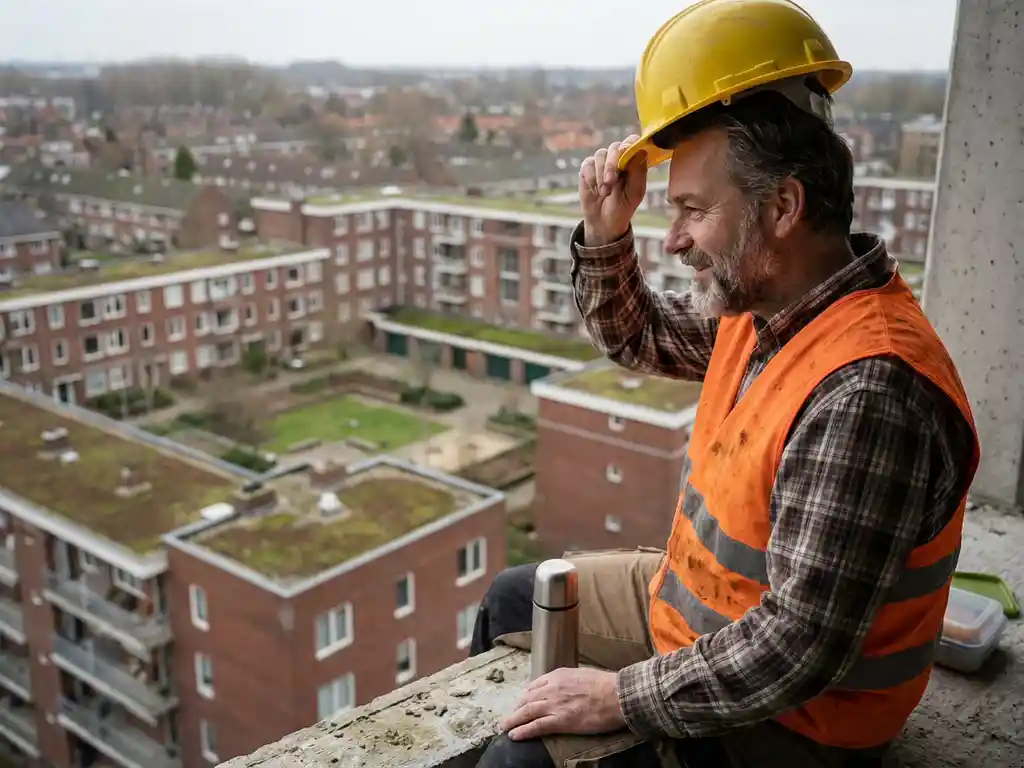 Bouwvakker in oranje veiligheidsvest rust op betonnen richel tijdens lunchpauze, overziet rustige Nederlandse woonwijk