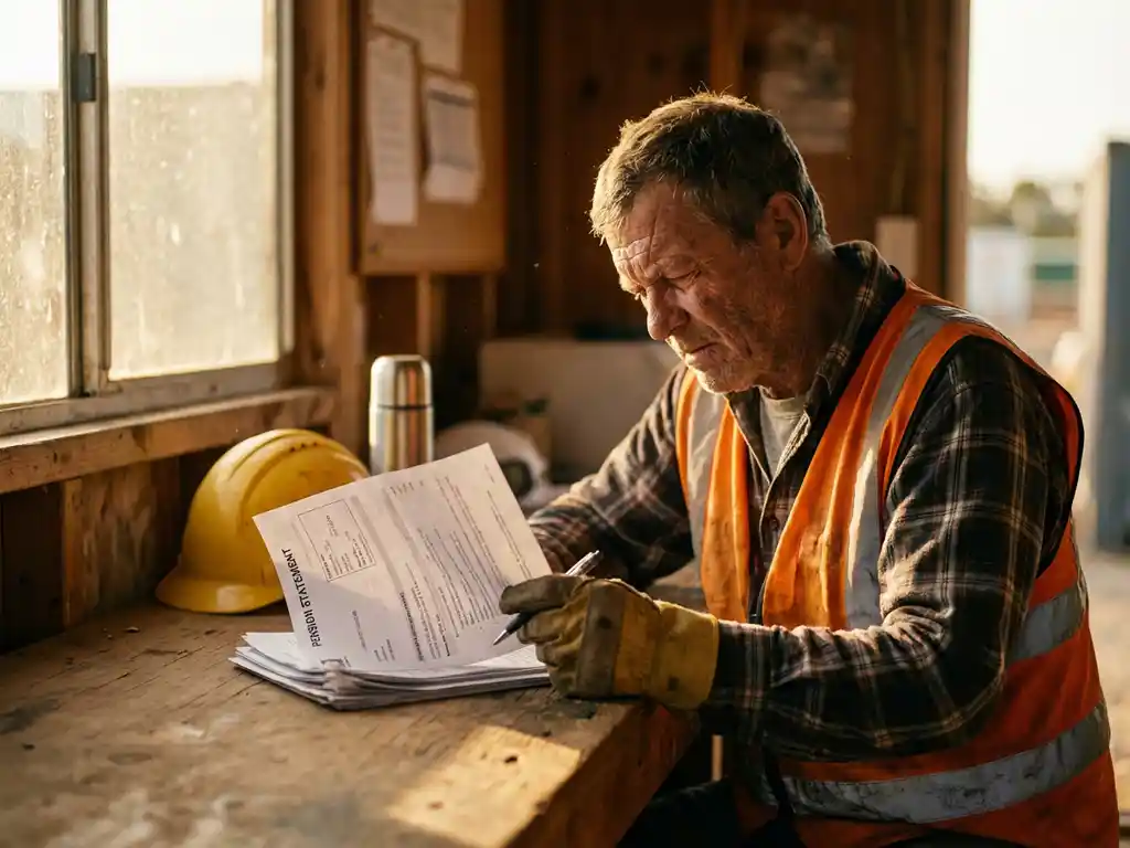Bouwvakker in oranje veiligheidsvest bekijkt pensioendocumenten aan houten bureau met gele helm en thermosfles