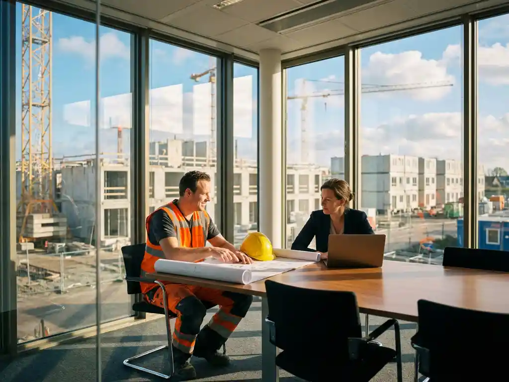 Bouwvakker in oranje hesje overlegt met projectmanager aan conferentietafel, blauwdrukken en helm tussen hen, Nederlandse bouwplaats met kranen op achtergrond