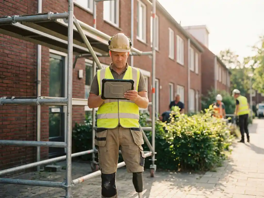 Bouwvakker met prothesebeen bedient tablet bij steiger op Nederlandse bouwplaats voor sociale woningbouw renovatie