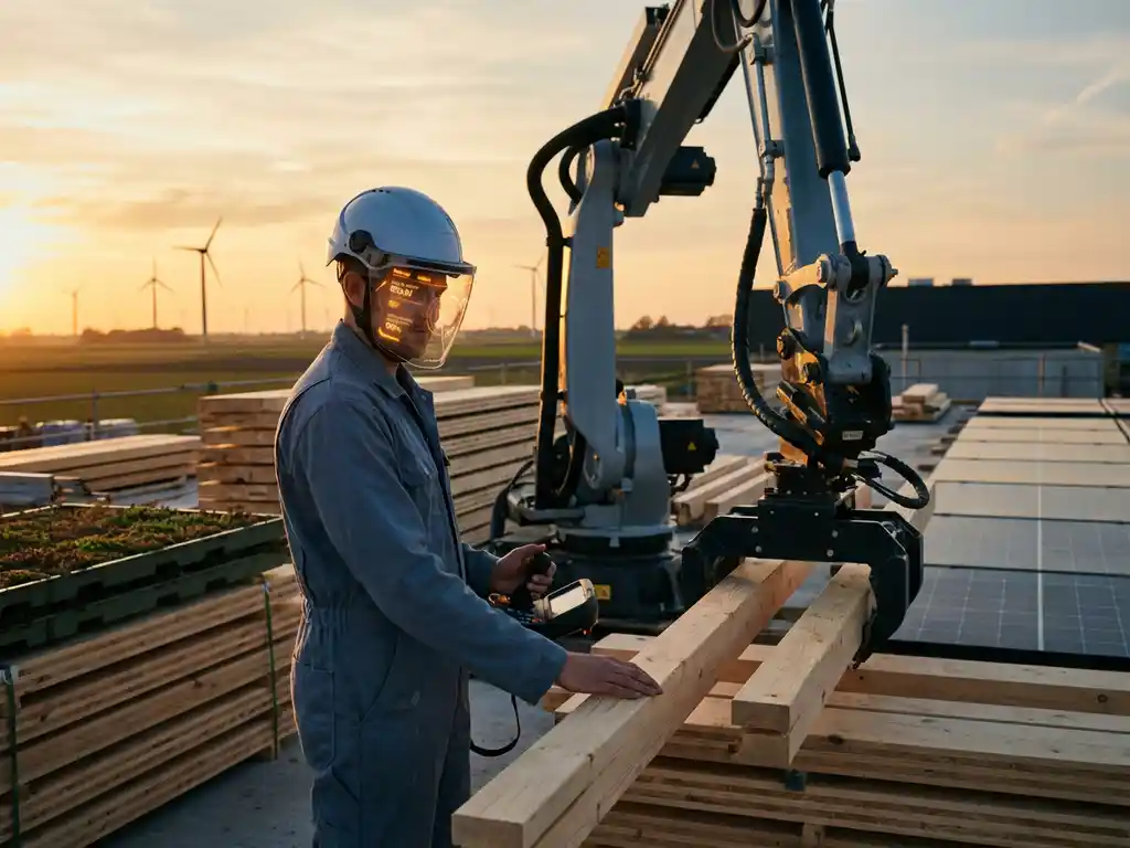 Bouwvakker met digitale veiligheidshelm bedient robotarm op duurzame bouwplaats met zonnepanelen in Nederlands landschap