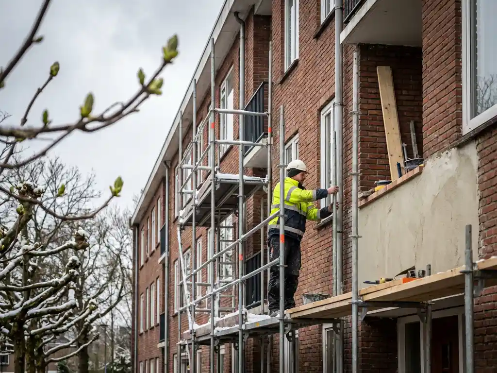 Bouwvakker past steiger aan op bakstenen appartementencomplex tijdens seizoensovergang van winter naar lente