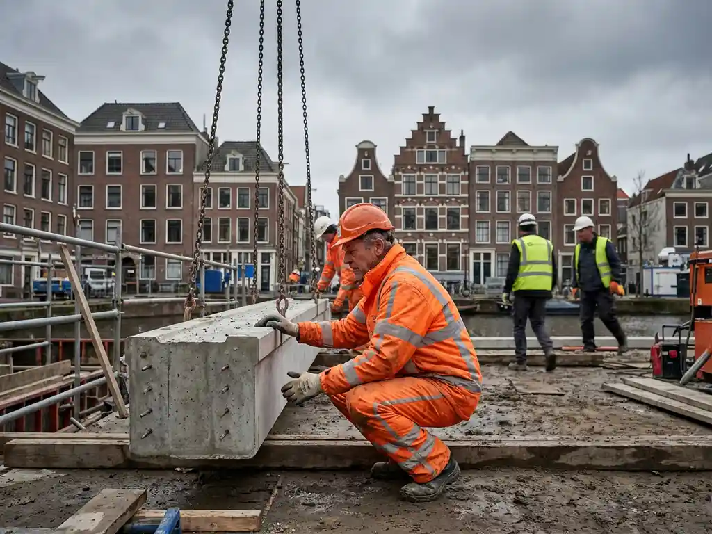 Bouwvakker in oranje veiligheidskleding tilt betonnen balk met juiste heftechniek op Nederlandse bouwplaats