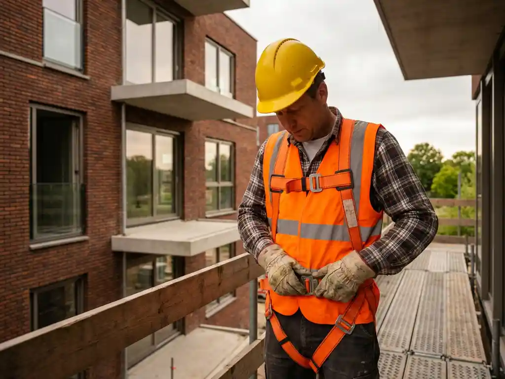 Bouwvakker past oranje veiligheidsharnas aan op steiger bij Nederlandse bouwplaats met appartementencomplex in aanbouw