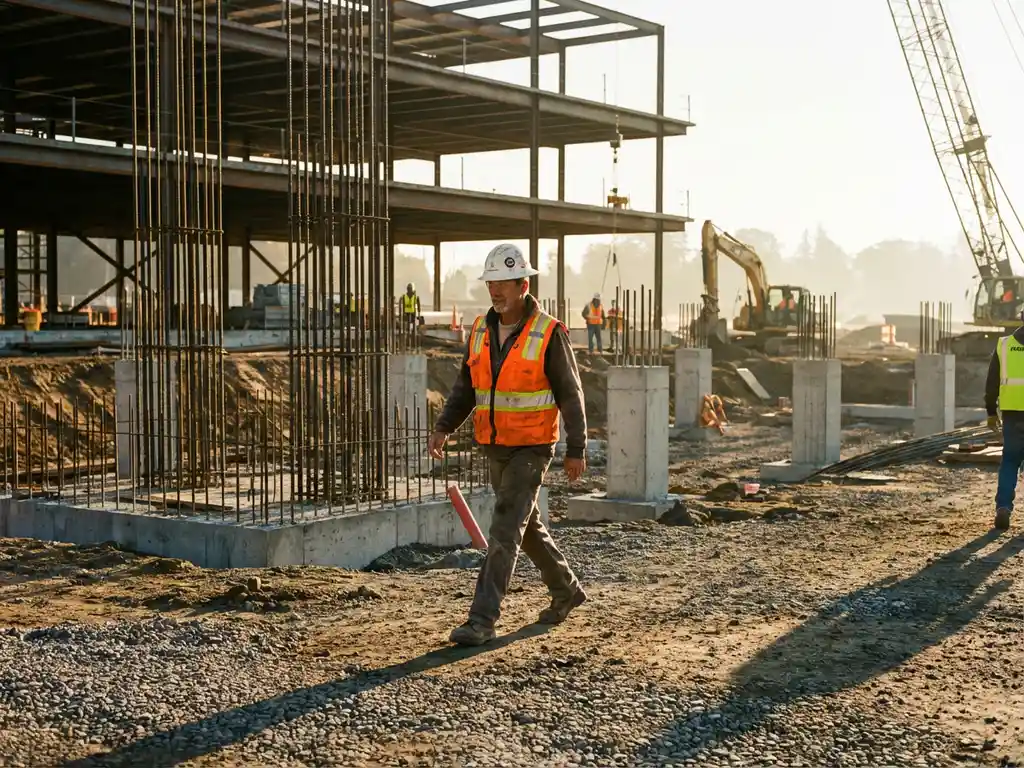 Bouwvakker in oranje veiligheidsvest loopt over moderne bouwplaats met betonnen fundering en stalen frame op achtergrond