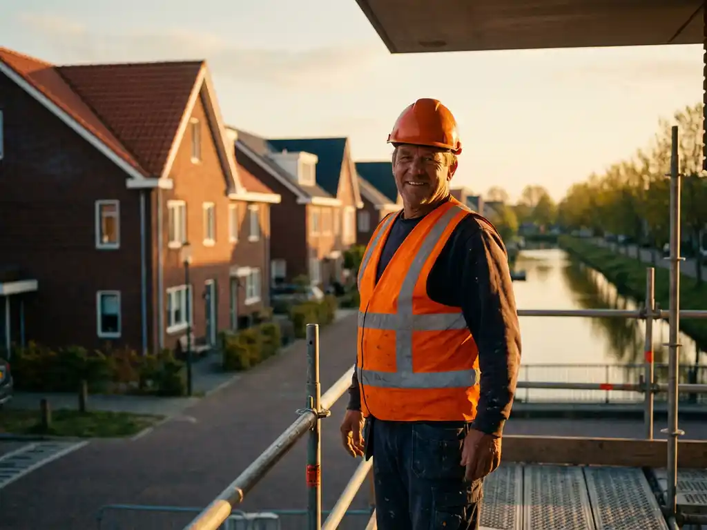 Glimlachende bouwvakker in oranje veiligheidskleding op moderne bouwplaats met Nederlandse woningen op achtergrond