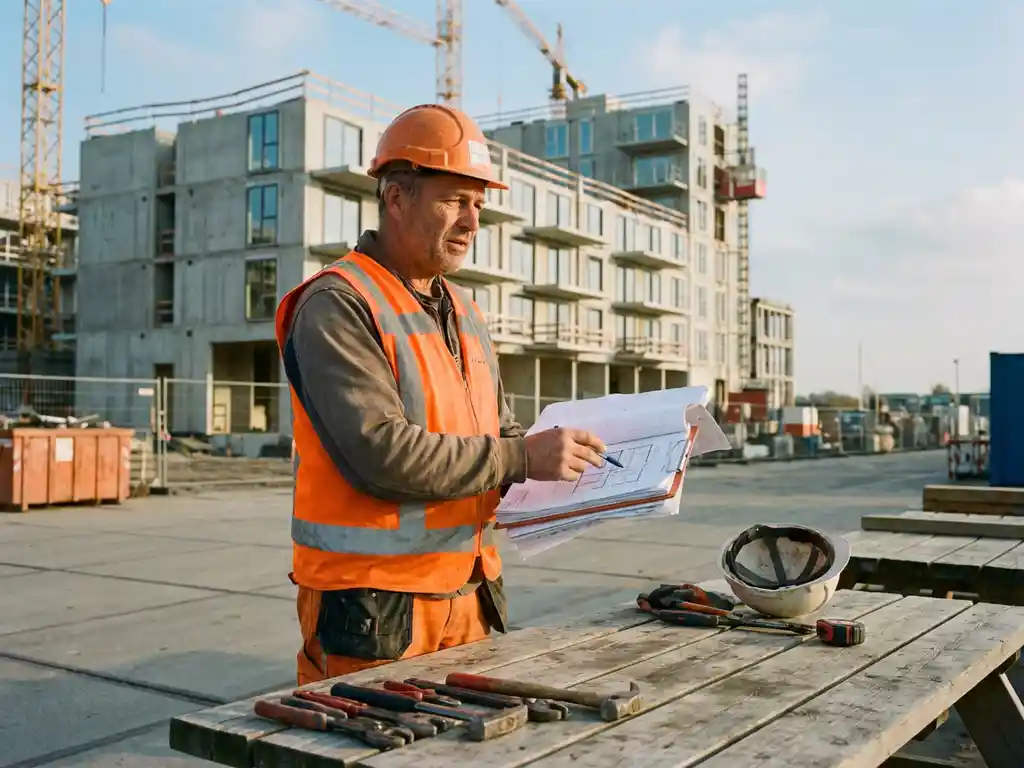 Bouwvakker in oranje veiligheidsvest bekijkt documenten op klembord bij Nederlandse bouwplaats met appartementen op achtergrond