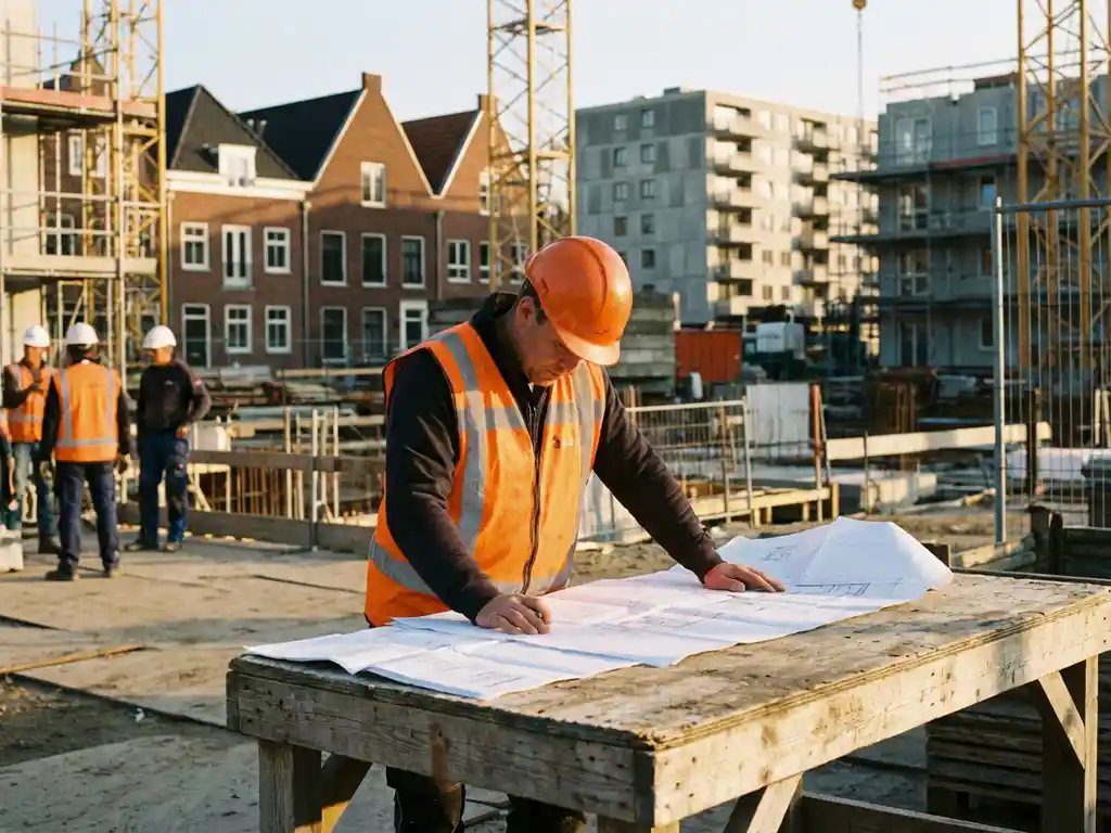 Bouwvakker in oranje veiligheidsvest bestudeert documenten aan houten tafel op Nederlandse bouwplaats met bakstenen gebouwen