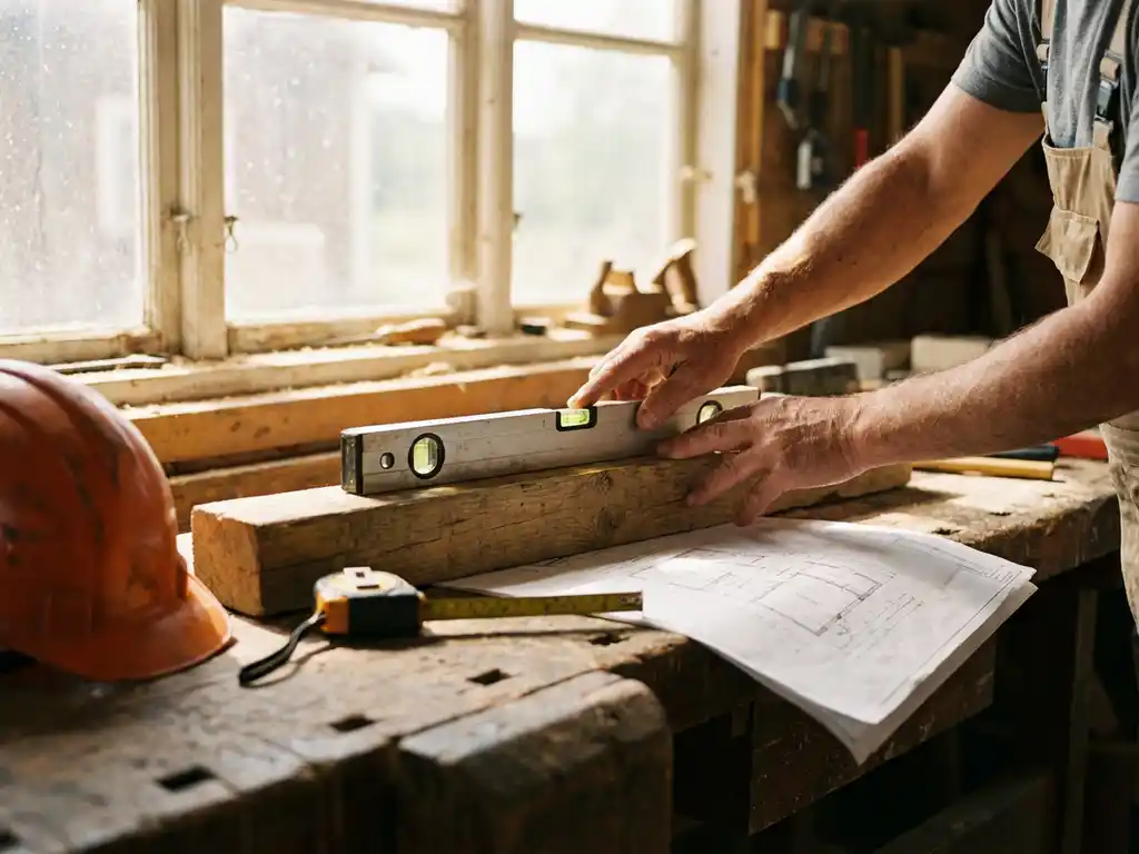 Bouwvakker past waterpas aan op houten balk met gereedschap, blauwdrukken en veiligheidshelm op werkbank