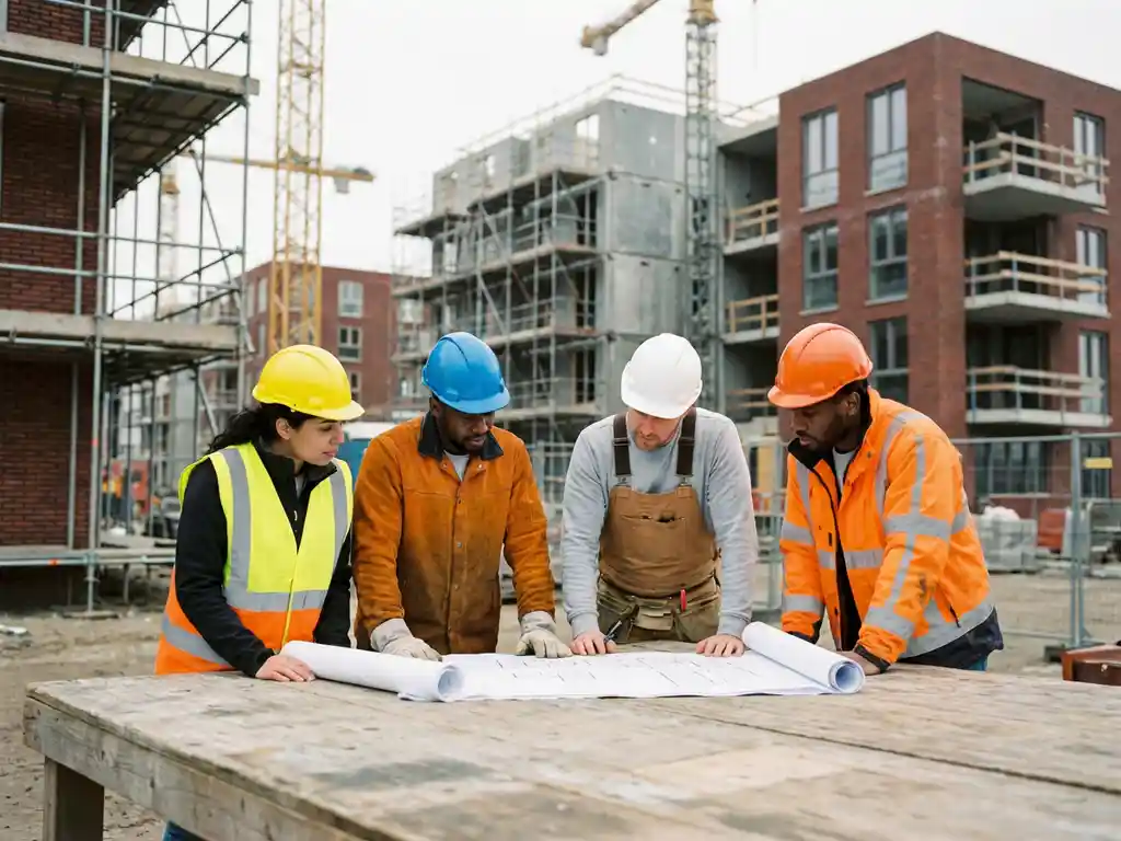 Diverse bouwvakkers in gekleurde helmen bestuderen blauwdrukken aan houten tafel op Nederlandse bouwplaats met woningen in aanbouw