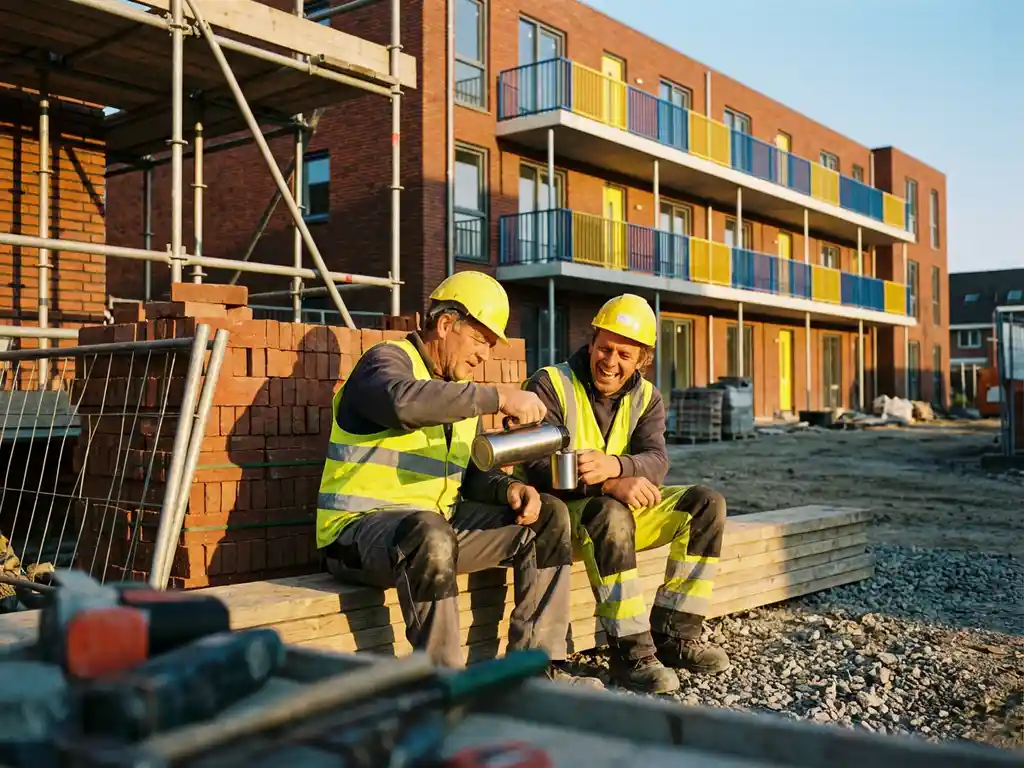Bouwvakkers in gele veiligheidsvesten delen koffie tijdens pauze op bouwplaats met sociale woningbouw op achtergrond