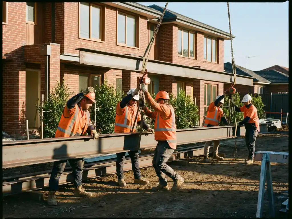 Vier bouwvakkers tillen samen een stalen balk op een bouwplaats van sociale woningbouw met bakstenen gevels
