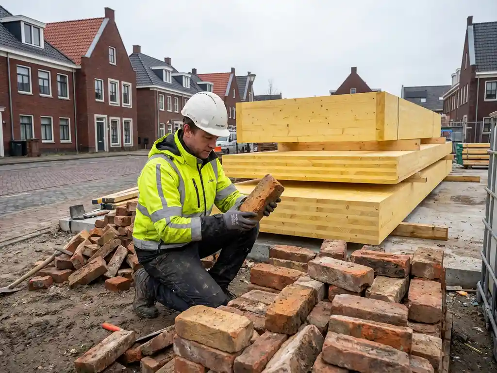 Bouwvakker sorteert herbruikbare rode bakstenen naast duurzame CLT houtbalken op Nederlandse bouwplaats