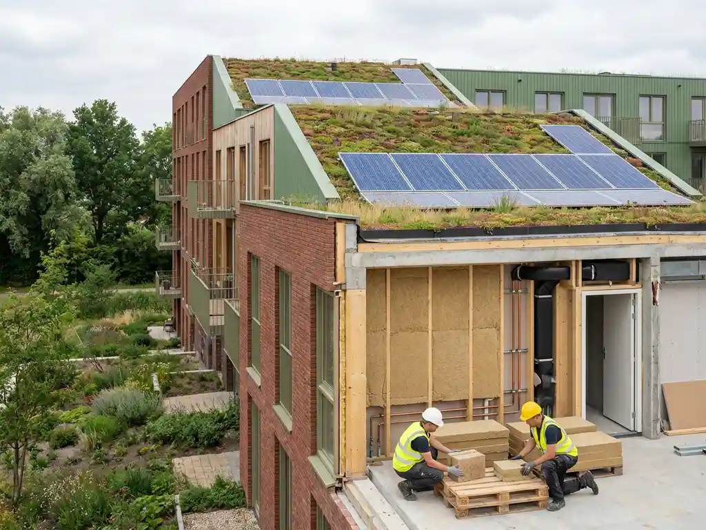 Duurzaam appartementencomplex met groene daken en zonnepanelen, doorsnede toont isolatielagen, arbeiders inspecteren eco-vriendelijke bouwmaterialen