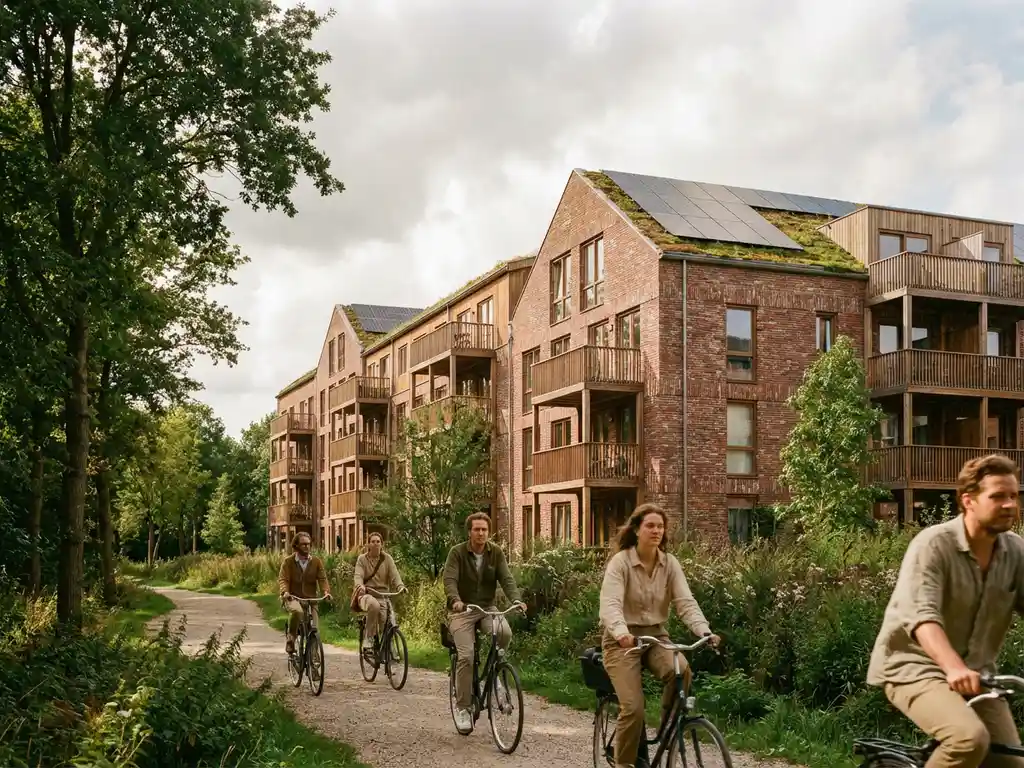 Duurzaam appartementencomplex met groene daken en zonnepanelen, omringd door bomen en fietsende bewoners op boomrijke paden