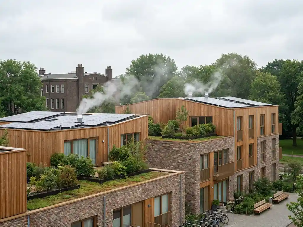 Duurzaam appartementengebouw met groene daken en zonnepanelen tussen bomen, witte ventilatiestoom, traditioneel bakstenen gebouw op achtergrond