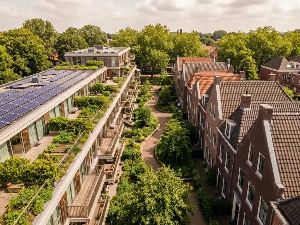 Modern appartementengebouw met groene daktuin en zonnepanelen naast traditioneel Nederlandse bakstenen woonblok, omgeven door bomen en binnentuinen, luchtfoto