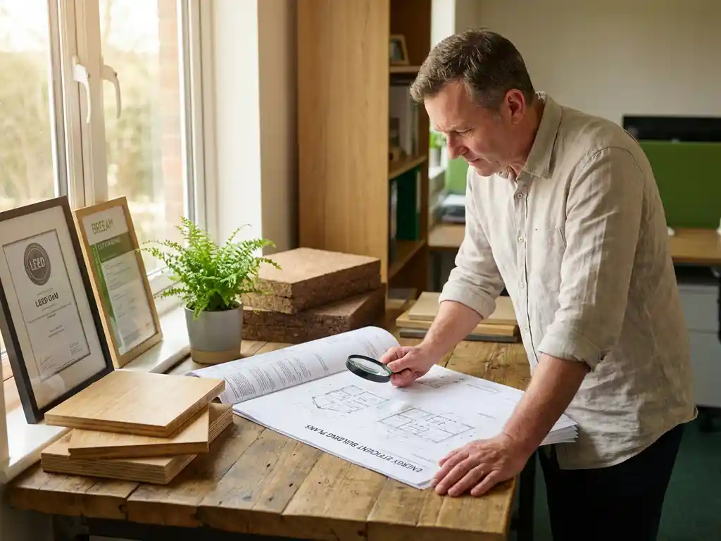 Duurzaamheidsconsultant bestudeert energiezuinige bouwplannen op houten bureau met bamboe panelen en kurk isolatiemonsters