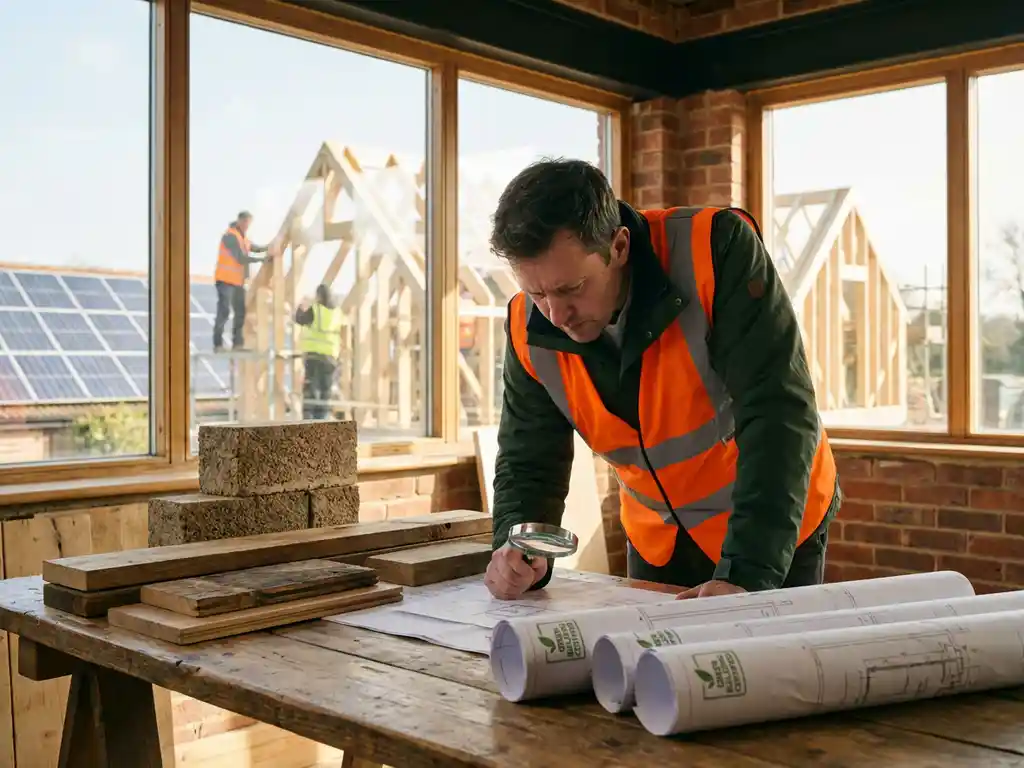 Bouwprofessional in veiligheidsvest bestudeert duurzame bouwmaterialen en groene certificeringsdocumenten op houten bureau bij moderne bouwplaats