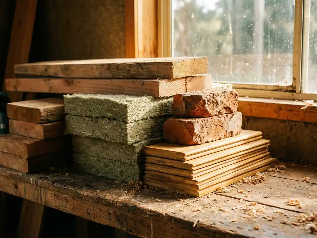 Duurzame bouwmaterialen op houten werkbank: gerecycled hout, hennep isolatie, hergebruikte bakstenen en bamboe panelen