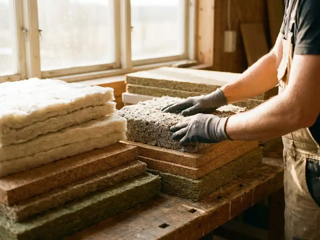 Gelaagde duurzame isolatiematerialen op houten werkbank, met wol, kurk en hennepvezelpanelen terwijl handen cellulose-isolatie onderzoeken