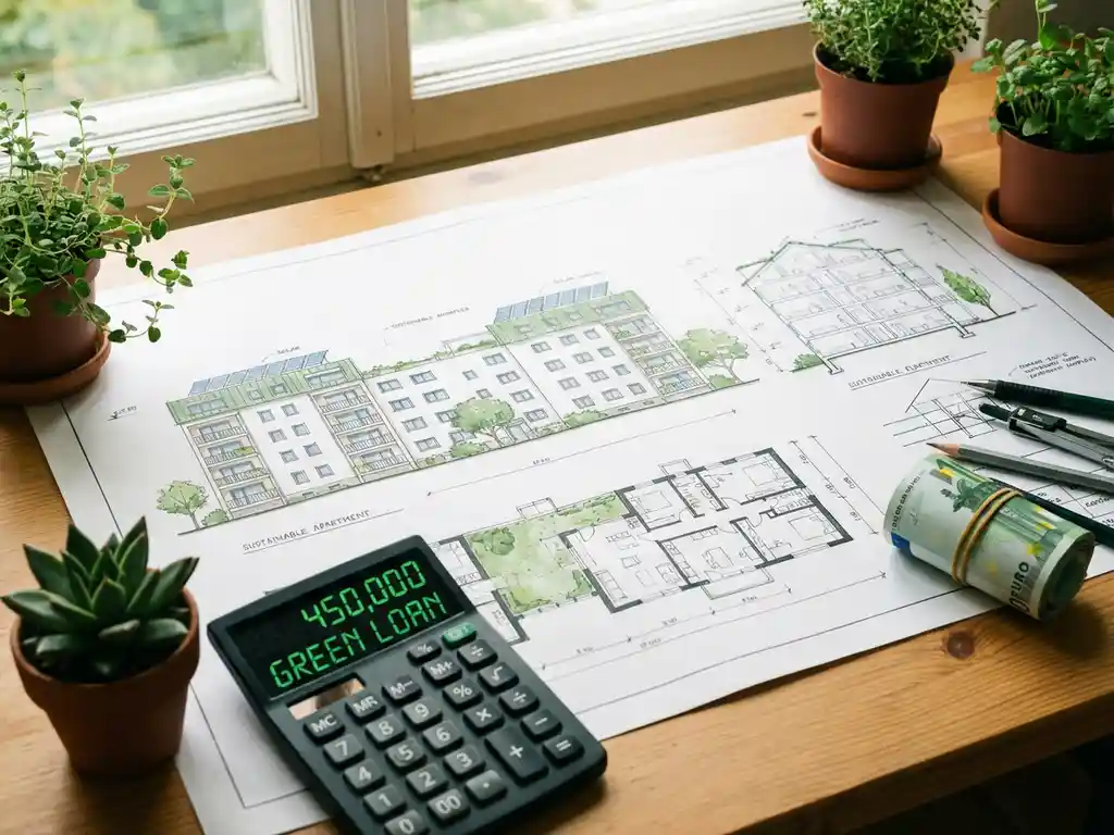 Architecturale tekening van duurzaam appartementengebouw op houten bureau met rekenmachine, euro bankbiljetten en kleine plantjes