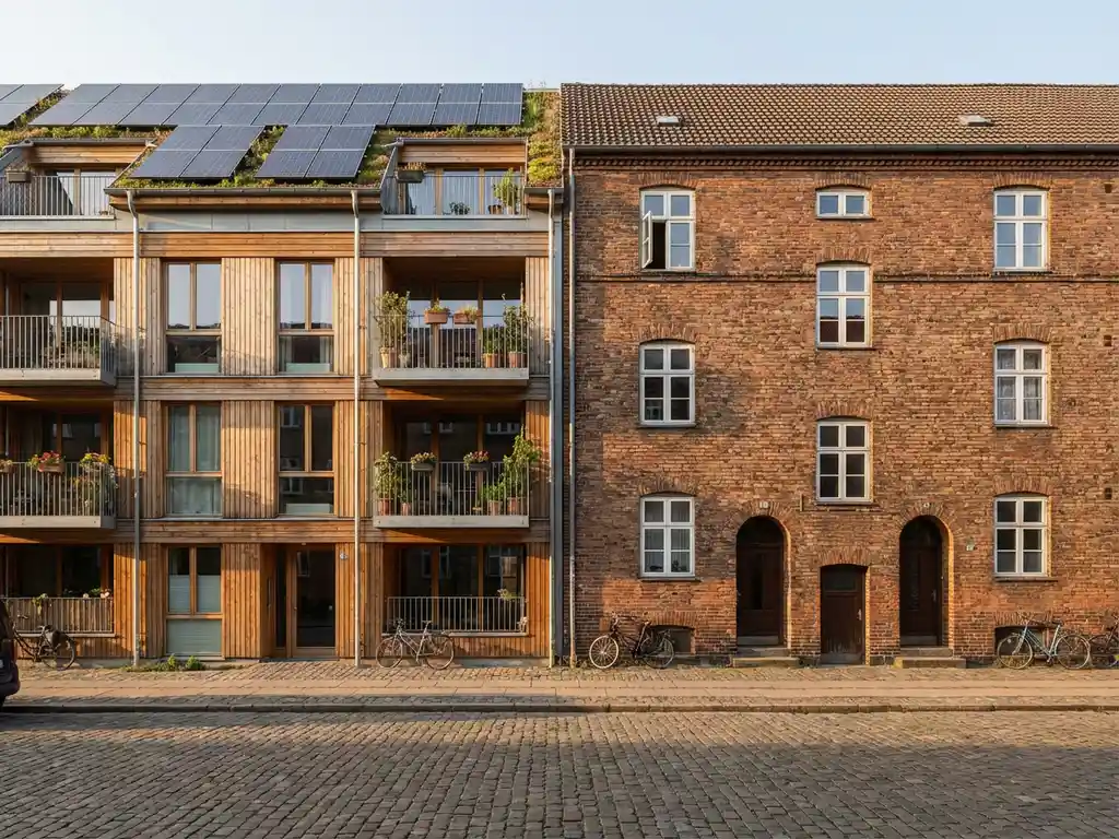 Moderne duurzame flat met zonnepanelen en groen dak naast traditioneel bakstenen sociale woningbouw blok in Nederlands daglicht