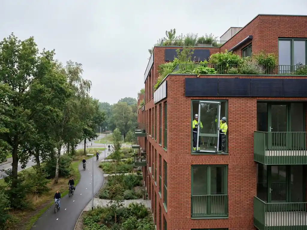 Duurzaam appartementengebouw met groene daktuin, zonnepanelen en bouwvakkers die energiezuinige ramen installeren