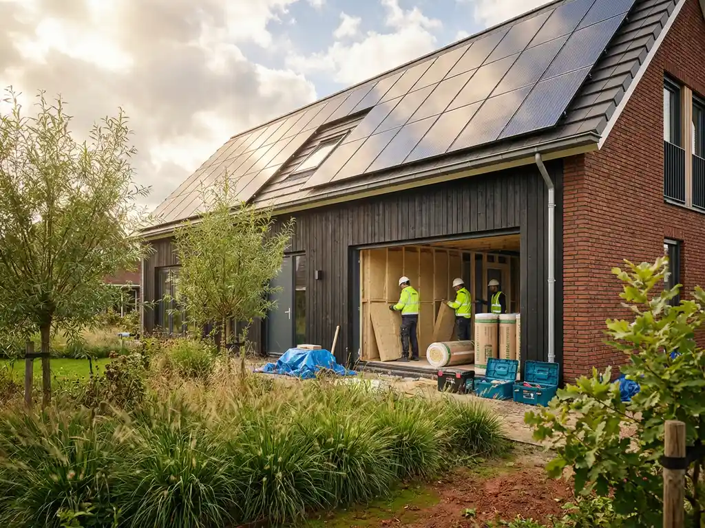 Moderne Nederlandse woning met zonnepanelen op het dak en houten gevelbekleding, bouwvakkers installeren isolatie