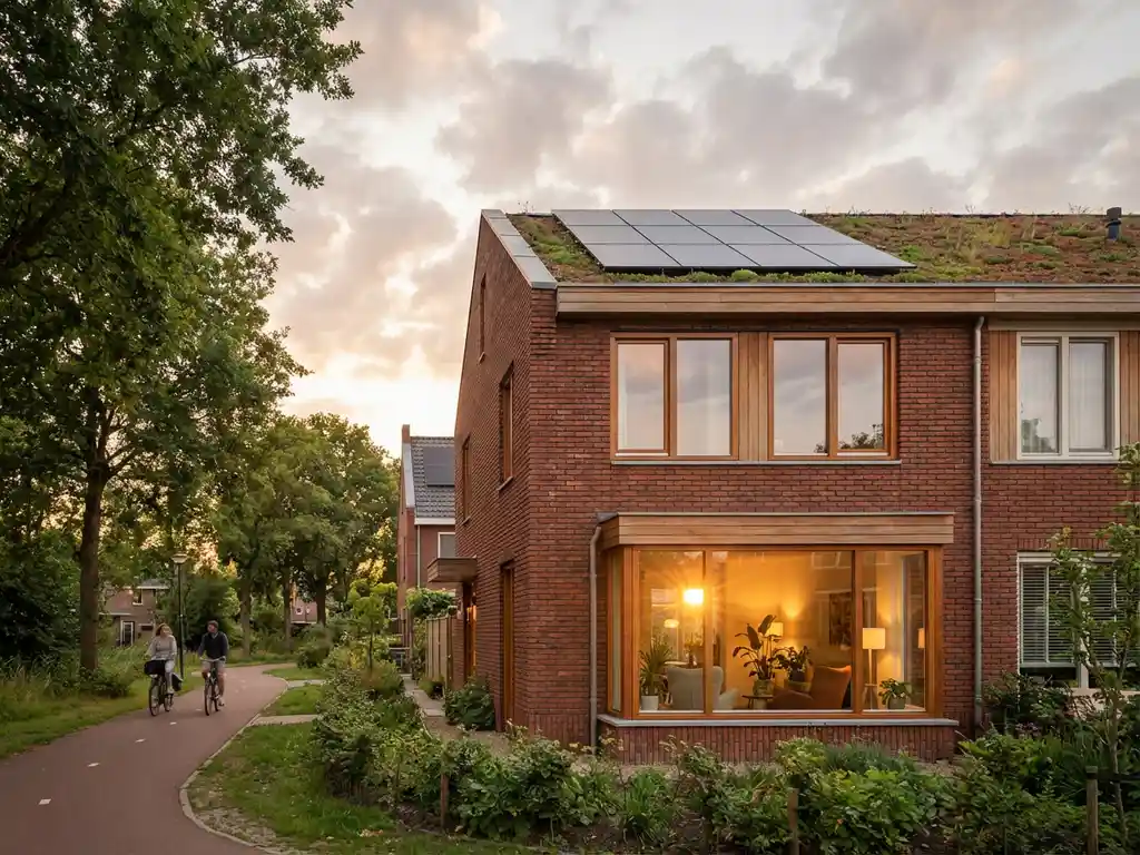 Energiezuinige woning met zonnepanelen en drievoudig glas in groene Nederlandse buurt, gouden zonlicht door ramen