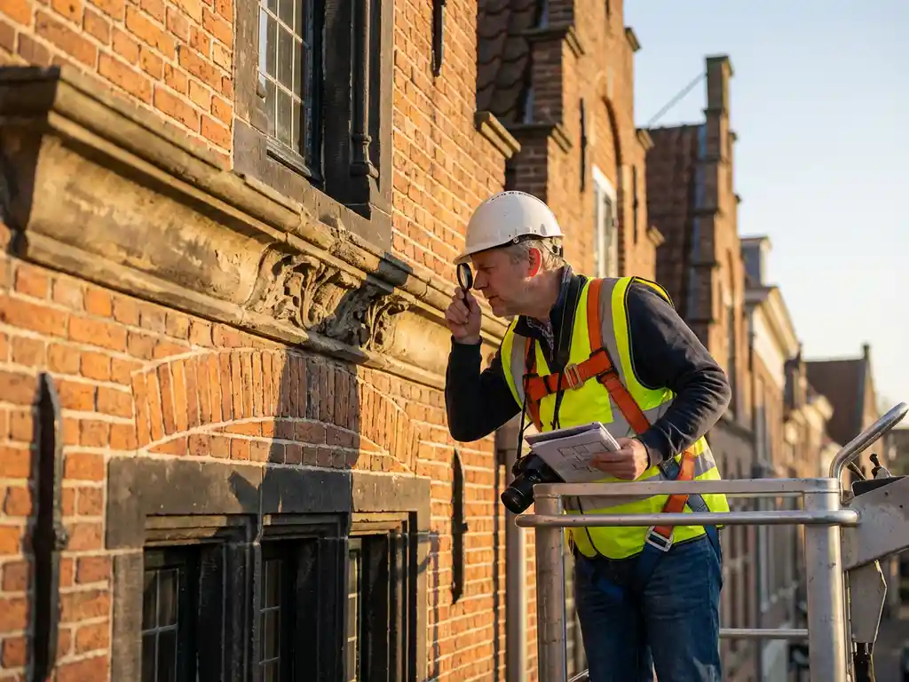 Erfgoedinspecteur onderzoekt ornamentele steendetails op historische bakstenen gevel met decoratieve kroonlijsten en verweerde metselwerk