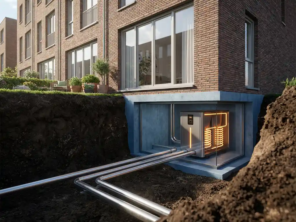 Moderne geothermische warmtepomp met metalen leidingen onder Nederlands woonhuis, dwarsdoorsnede toont ondergrondse installatie