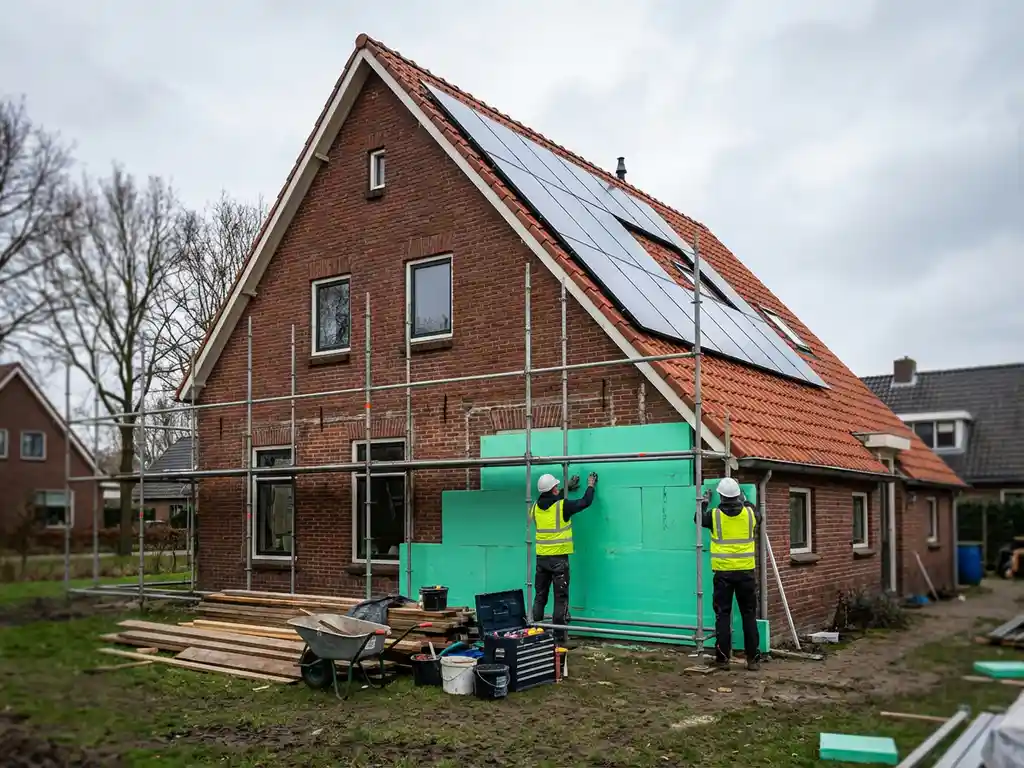 Traditioneel Nederlands bakstenen huis in renovatie met arbeiders die groene isolatiepanelen installeren, zonnepanelen op rood pannendak