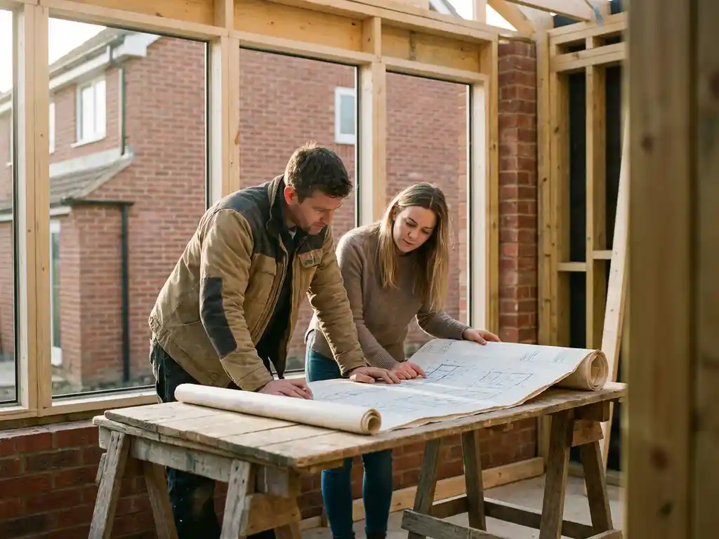 Huiseigenaar en aannemer bestuderen bouwplannen aan houten tafel naast aanbouw in uitvoering, bestaand bakstenen huis zichtbaar door ramen