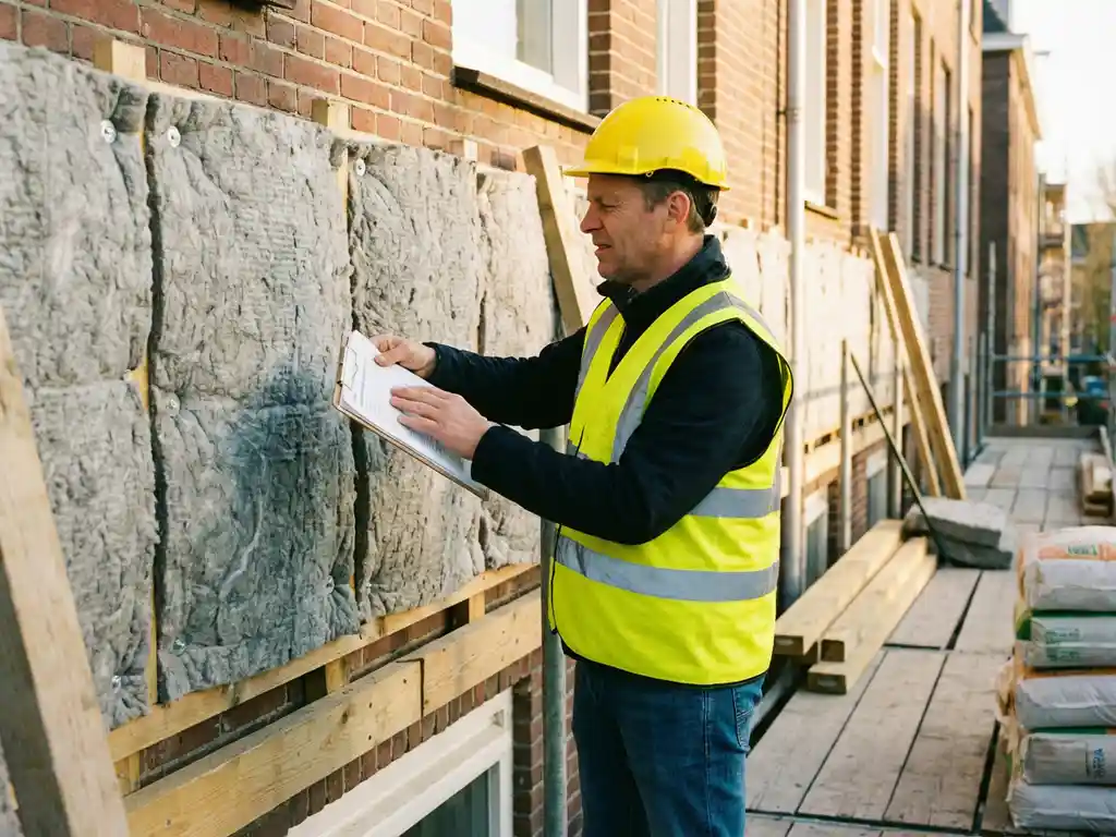 Bouwadviseur in gele veiligheidsvest inspecteert thermische isolatie op bakstenen appartementengebouw met energiedocumentatie in hand