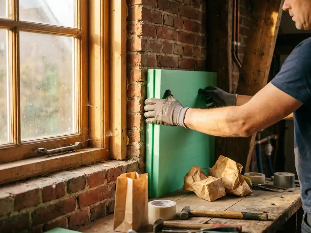 Bouwvakker installeert groene isolatiepanelen op bakstenen muur met gereedschap op houten werkbank