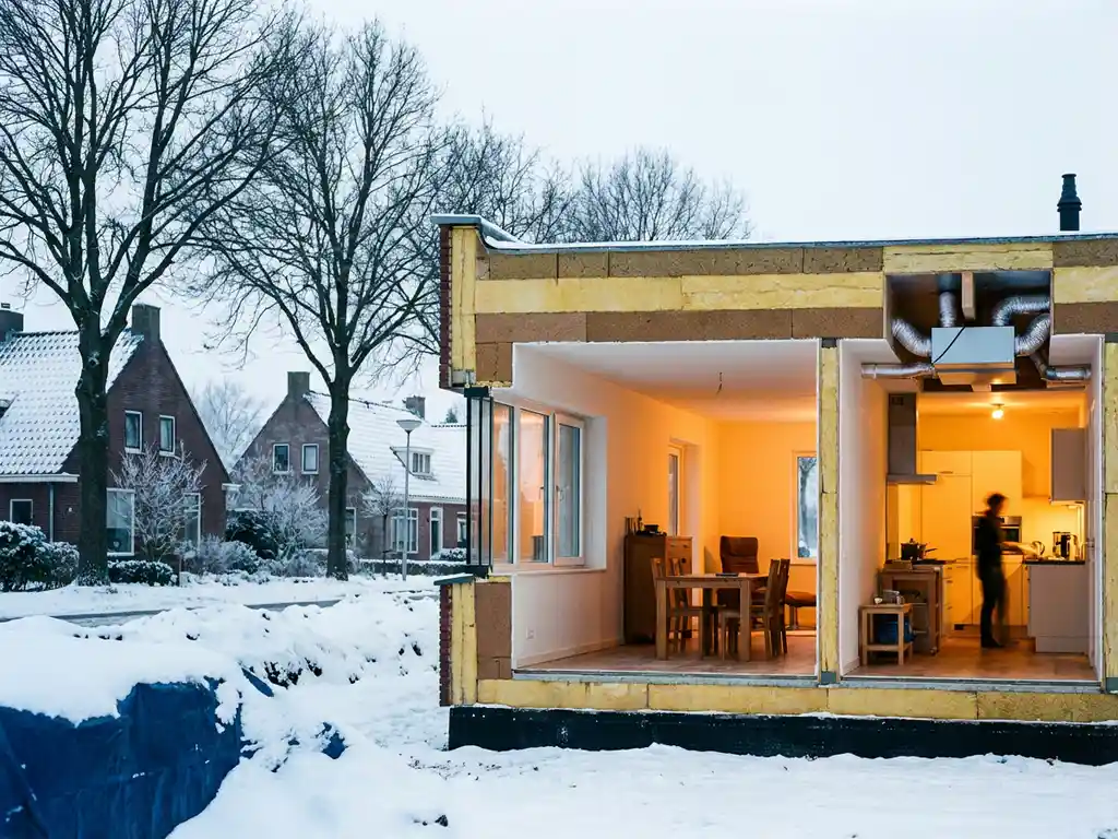 Doorsnede van een moderne passiefwoning met dikke isolatielagen, driedubbel glas en warmteterugwinning in besneeuwd Nederlands winterlandschap