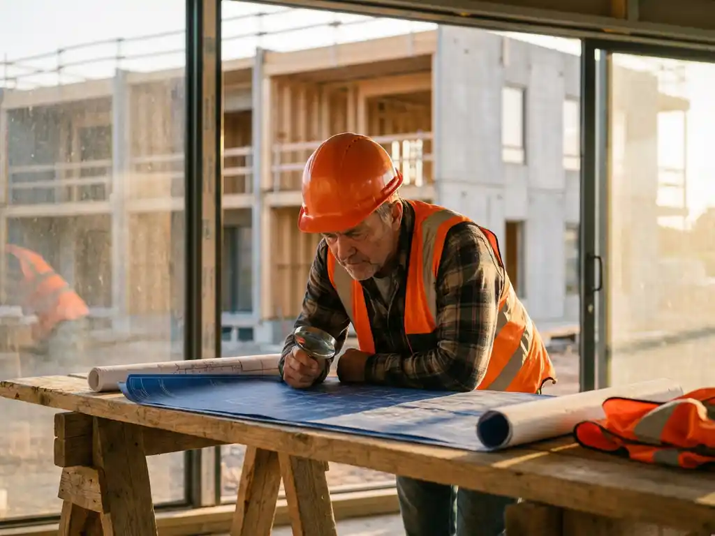 Bouwprofessional in veiligheidshelm bestudeert architecturale blauwdrukken op houten tafel bij modern sociale woningbouwproject